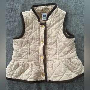 Janie and Jack Cream Beige Quilted Vest with Brown Trim & Peplum Hem